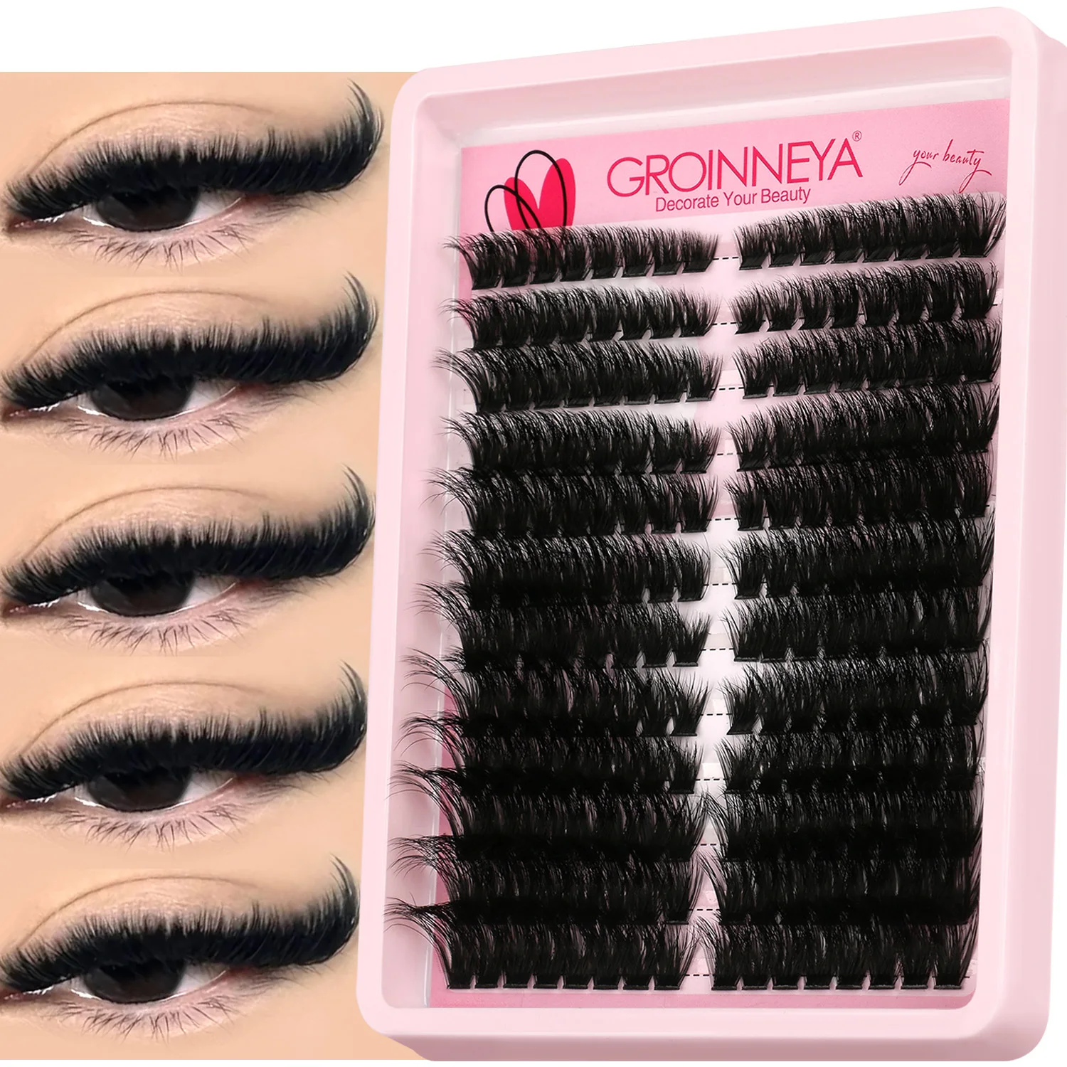 GROINNEYA grupos de pestañas pestañas de gato extensiones de pestañas individuales tenues volumen grupos esponjosos pestañas DIY maquillaje de pestañas