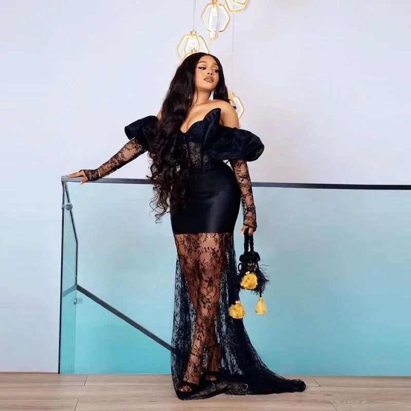 

With Off The Shoulder Sequins Long Sleeves Sexy See Through Prom Dress Aso Ebi Mermaid Party Gowns Black Lace Evening Dresses