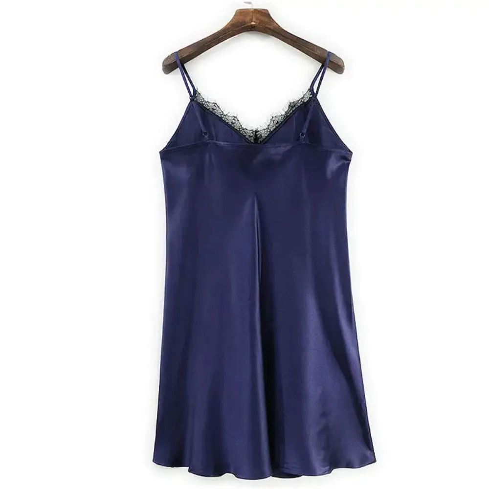 Abito in raso tinta unita in seta di gelso naturale al 100%, gonna con bretelle con scollo a V blu intenso con design casual in pizzo sexy da donna, 2026 Nuovo da donna