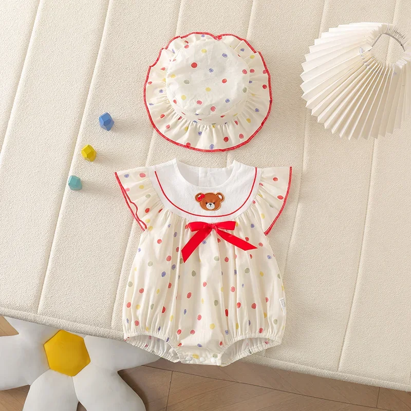 

Лето 2025 г., детский комбинезон, комплект шапок, хлопковая одежда для новорожденных, милый комбинезон с плюшевым мишкой и бантом в горошек, треугольный комбинезон с развевающимися рукавами