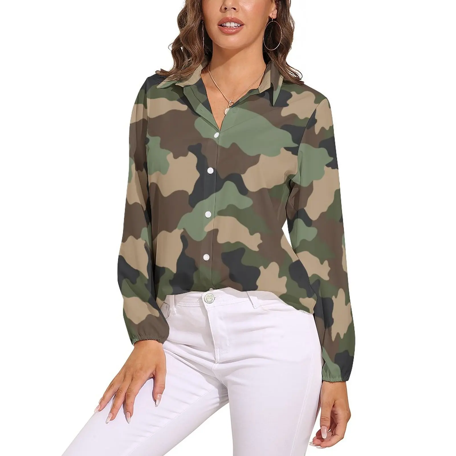 Woodland Camo Blouse Female Military Camouflage Streetwear Loose Blouses Long Sleeve Office Shirts Pattern Top Big Size 2XL 3XL