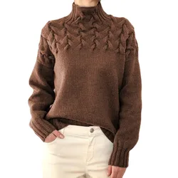 2023 Autumn and Winter Women's Pullover High Neck Solid Screw Thread Long Sleeve Knit Sweater Fashion Casual Loose Tops