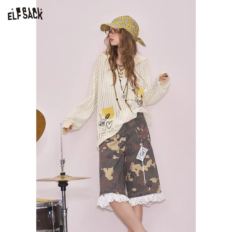 ELFSACK 2025 Summer New Arrival Cute Cool Casual Irregular Patch Print Hooded knitwears Sweater For Woman