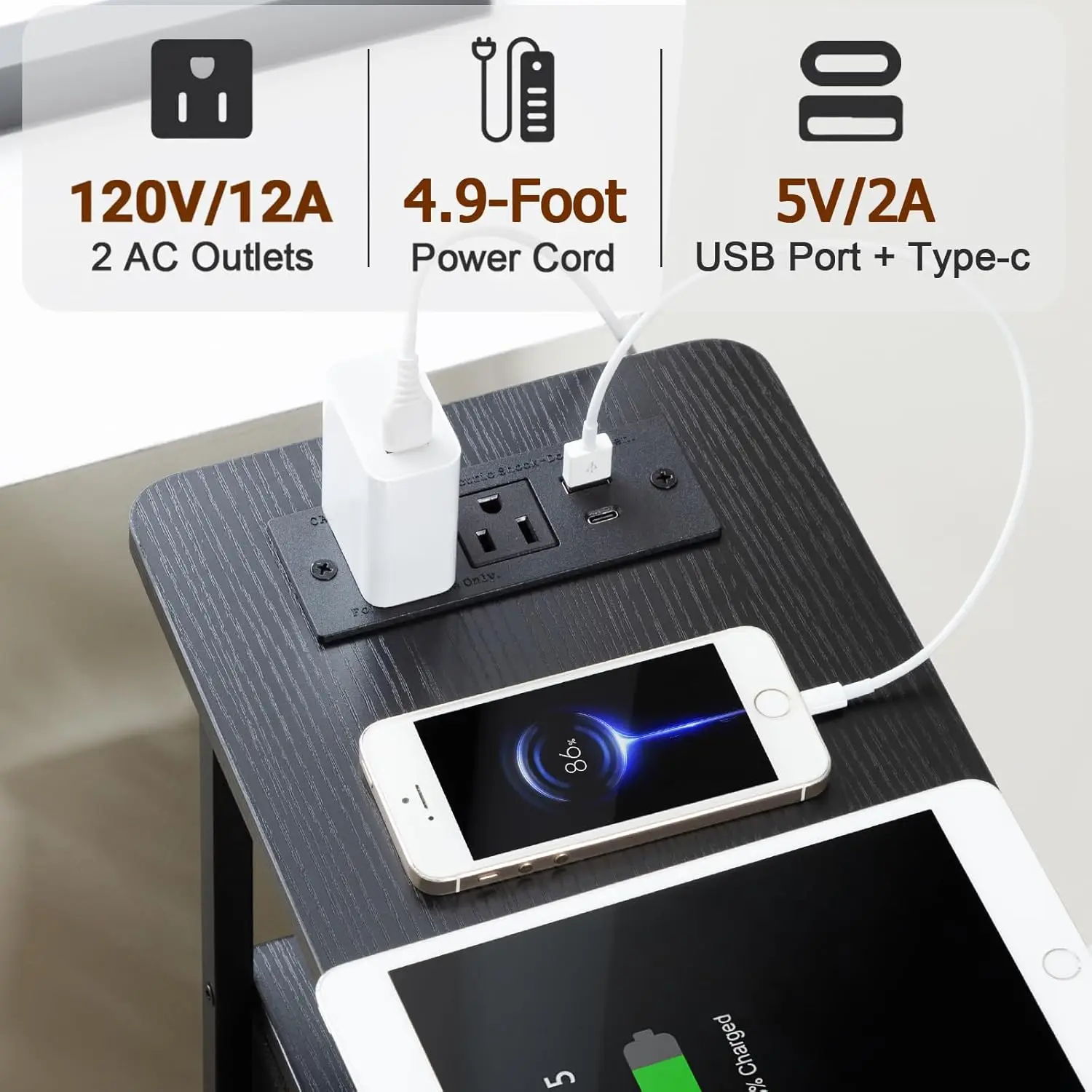 طقم طاولات رفيعة مكون من قطعتين مع قاعدة شحن وطاولة جانبية سوداء مع أدراج للمساحات الصغيرة