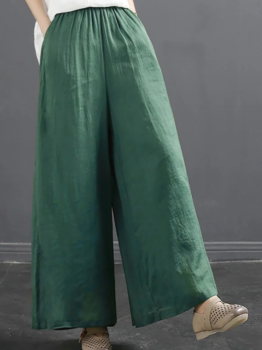 예술적인 캐주얼 코튼 린넨 와이드 레그 팬츠, 신축성 있는 허리, 슬림핏 플러스 사이즈 루즈핏 나인 포인트 바지, 단색