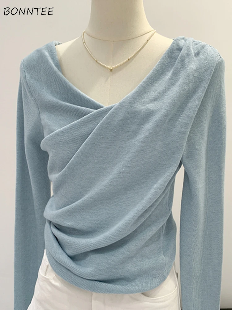 

Pullovers Women V-neck Folds Design Casual All-match Minimalist Style Korean Fashion Autumn Classic Prevalent Harajuku Gentle