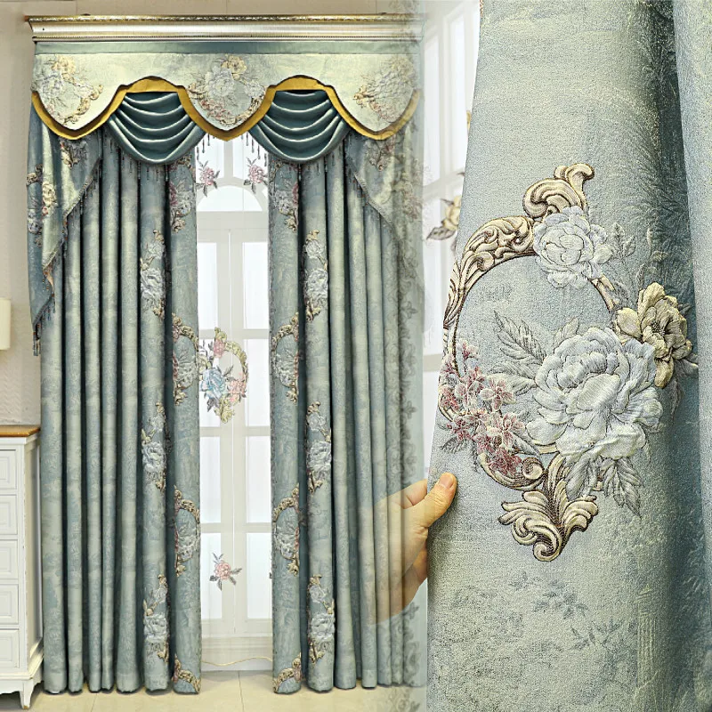 

Custom curtain luxury 3D relief jacquard bedroom full shading cloth blue grey cloth blackout curtain tulle valance drape C1291