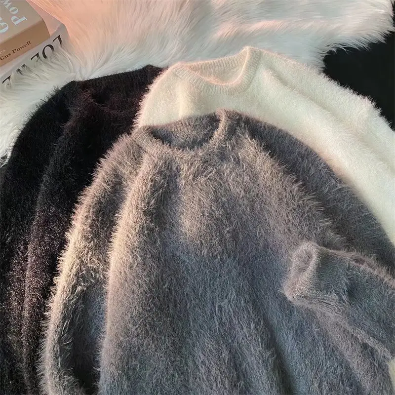 

Осенне-зимний пушистый вязаный свитер большого размера для мужчин, свободный, мягкий, с круглым вырезом, парный, в японском ретро-стиле, из пушистой пряжи