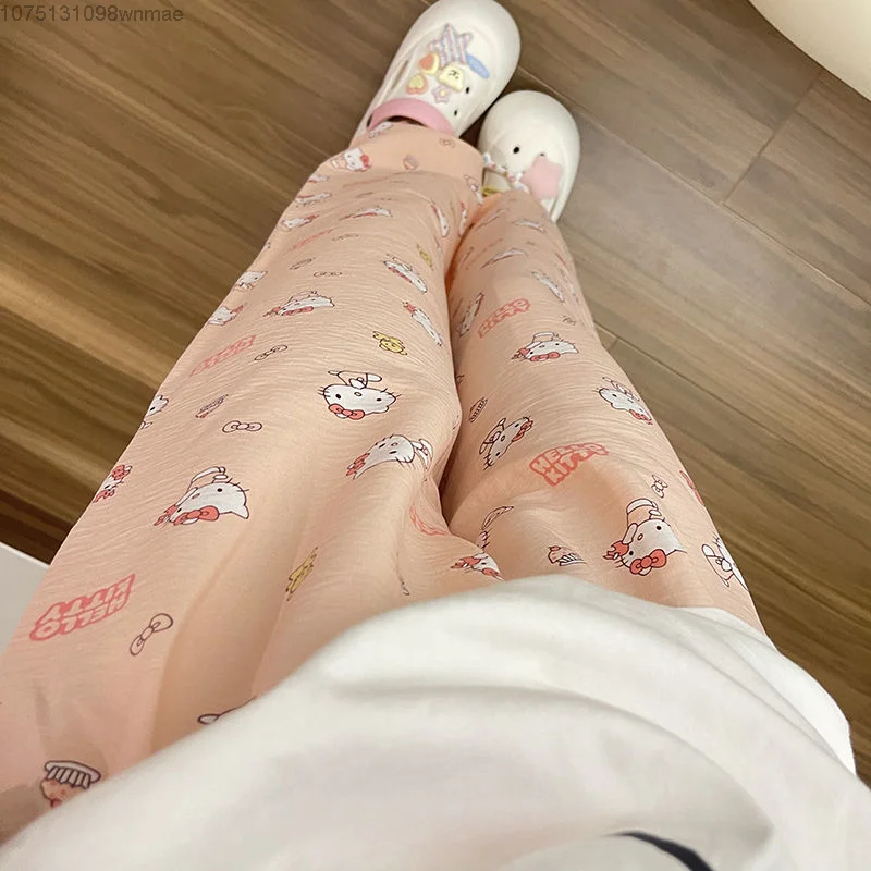 Hello Kitty Summer New Sleepy Pants Orange Kitty Printed Loose Home Thin Casual Pants for City Walks Cute Sweet Sleep Bottoms