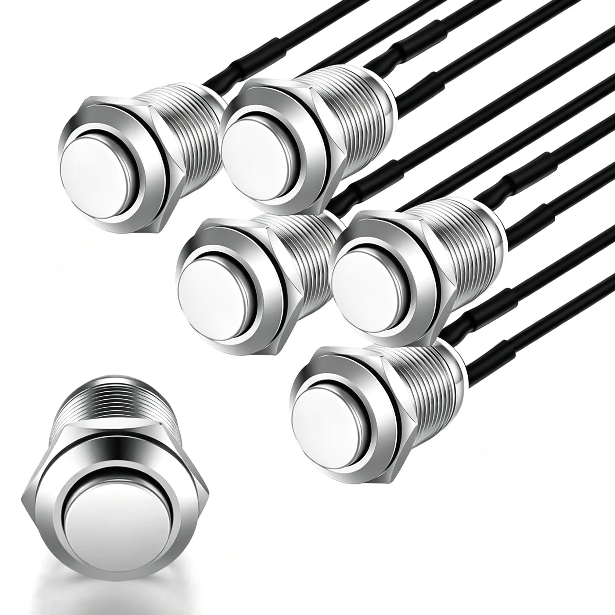 6PCS 12mm 3A 12V/24V/125V/250V AC Prewired Push Button Momentary (On) Off 2 Pin SPST Metal Push Button For Car Automotive Marine