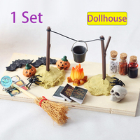 1Set 1:12 Dollhouse Miniature Halloween Horror Decor Toy Bat Skull Head Broom Spider Pumpkin Head Magic Book Ornament DIY Toy