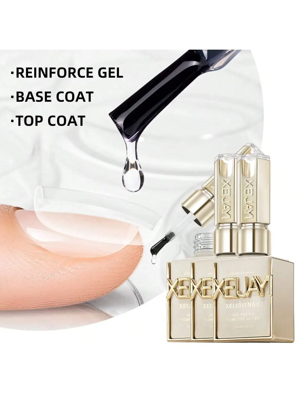 XEIJAYI 3 pezzi 15 ml Base Coat Top Coat e rinforzo per unghie, cappotto trasparente a lunga durata LED UV Rafforzare le unghie Finitura alta