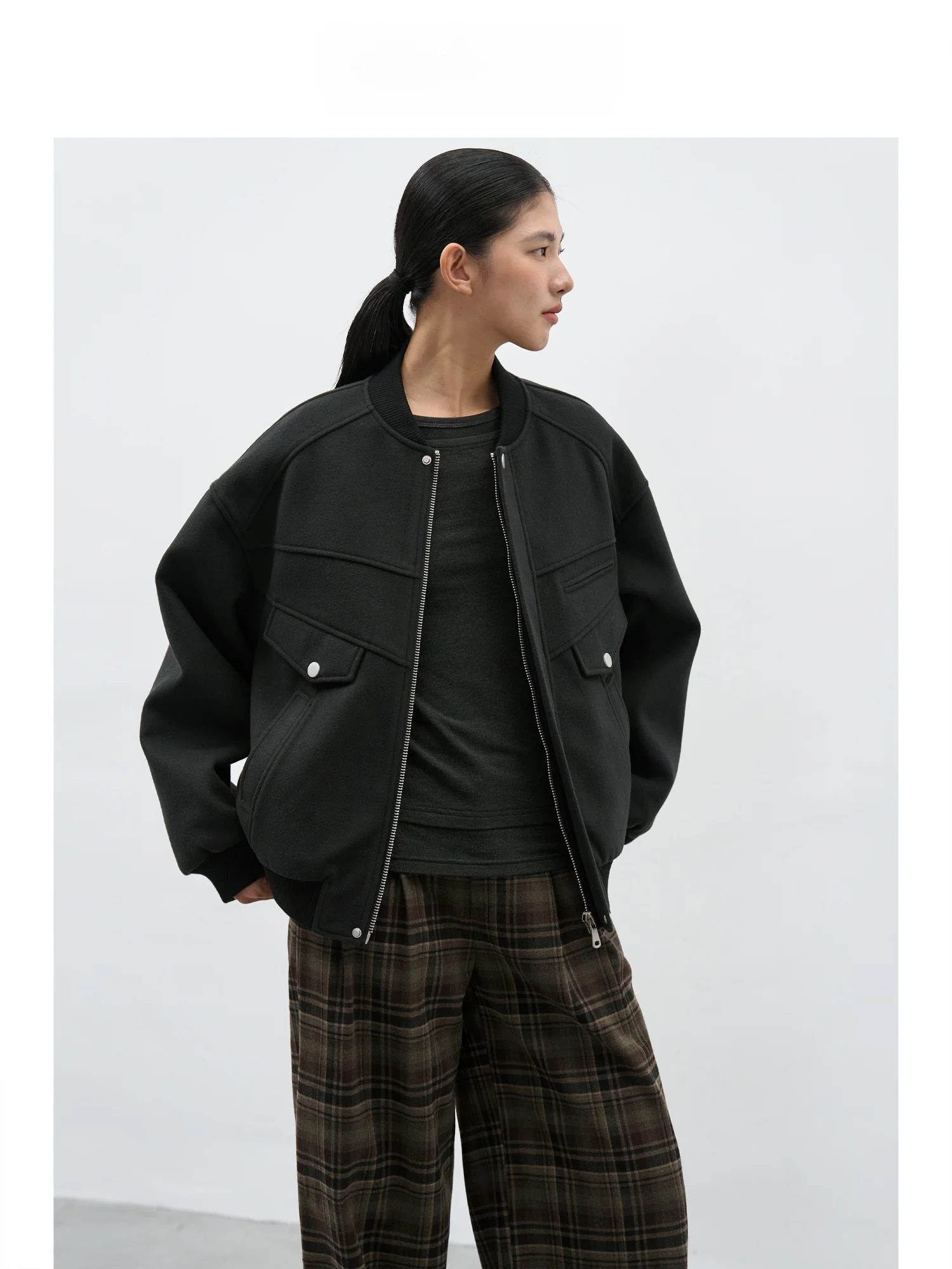 

EIGHTHMONTH Women's Loose Cotton Woolen Baseball Jaet Bla Winter New Arrival Commute Sle Long Sve Zipper Closure