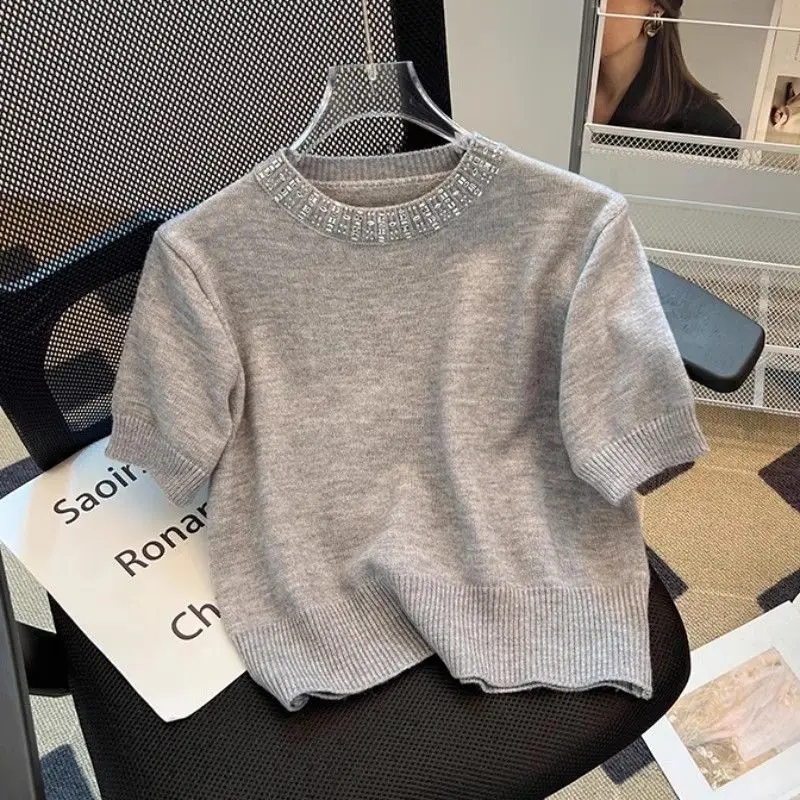 

Women Round Neck with Diamonds Knitwear Sweater Casual Gray Stylish Pullover Thin Sweet Splicing Spring Female Short Sleeve Tops