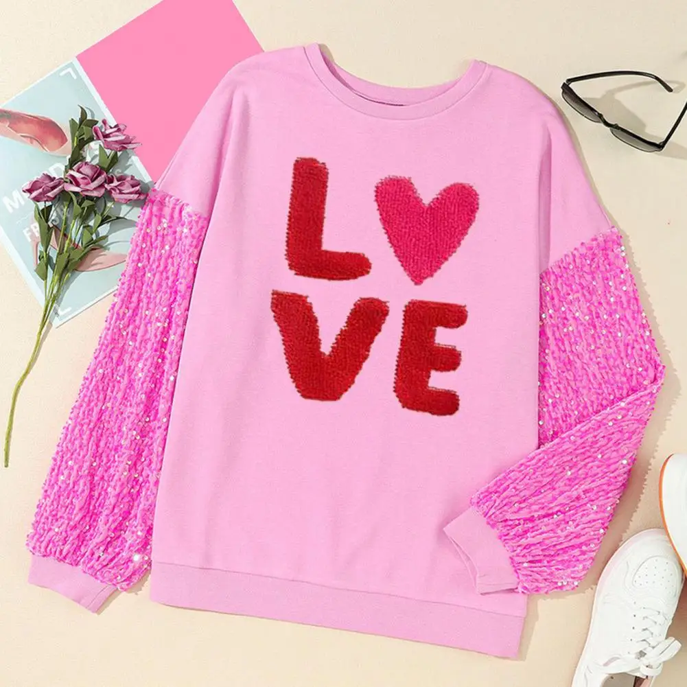 Autumn Winter Sweatshirt Party Holiday Top Valentines Day Sequin Sleeve Sweatshirt for Women Heart Patterned Party for Holidays