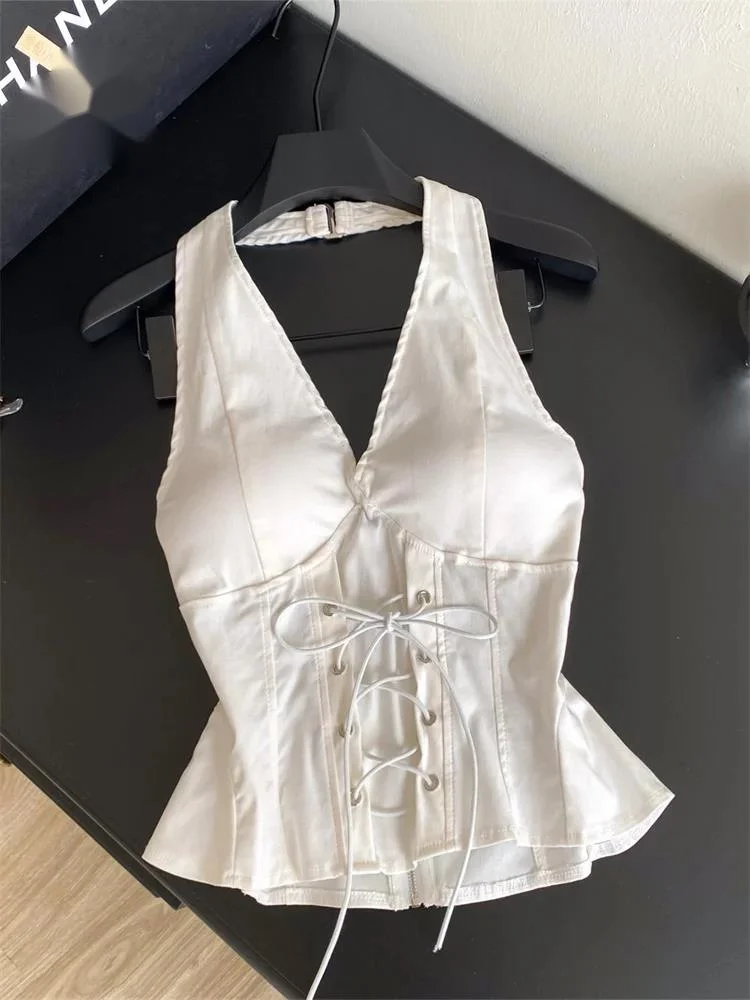 V Neck Sensual Crop Top Summer Spicy Girl Halter Lace Up Backless Slim Mini Top Women Versatile Y2K Streetwear Camis