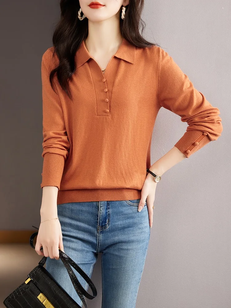 TuangBiang Spring Elegant 2023 Button Decorate Spliced Polo Collar Pullover Autumn Sweater Korean Women Fashion Knitted Pink Top