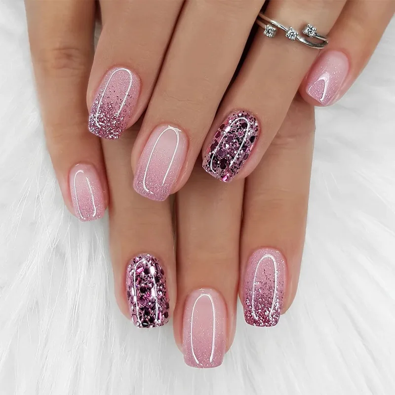 24Pcs Glitter Purple Starry French False Nails with Rhinestone Sweet Cool Ballet Press on Nails Full Cover Acrylic Manicure Tips