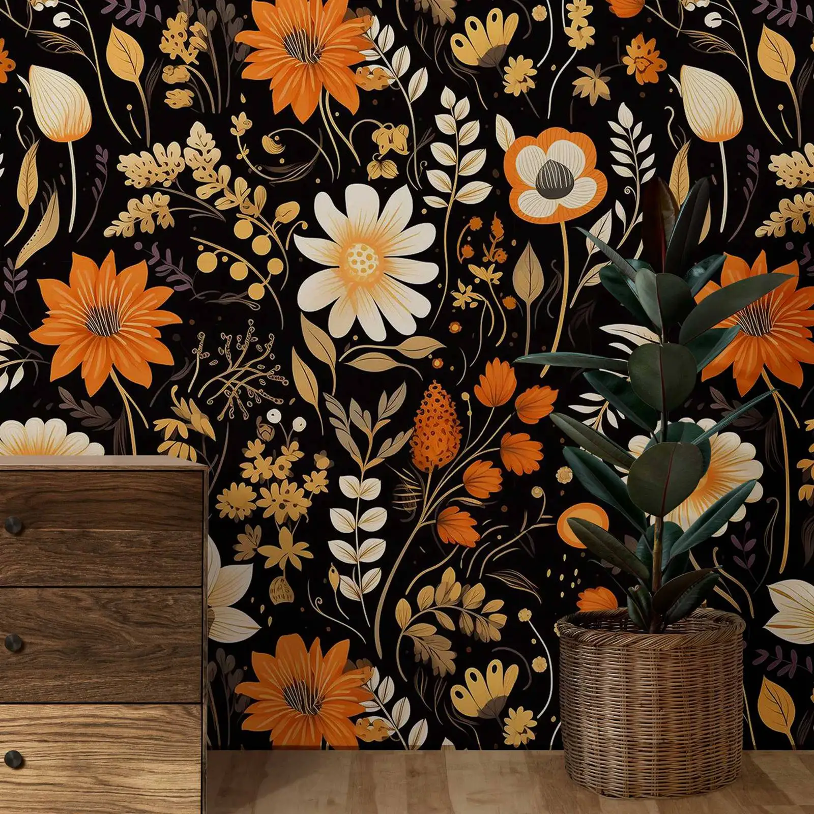 Dark Vintage Botanical Wallpaper, Dark Floral Wallpaper, Vintage Flowers Wallpaper, Traditional Peel and Stick  Wallpaper