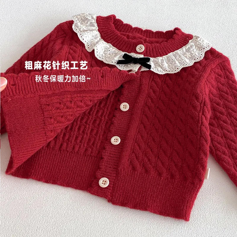 Girls' Stylish New Year's Clothing 2025 New Winter Baby Thick Knitted Sweater Children's Fashionable Lace Collar Cardigan