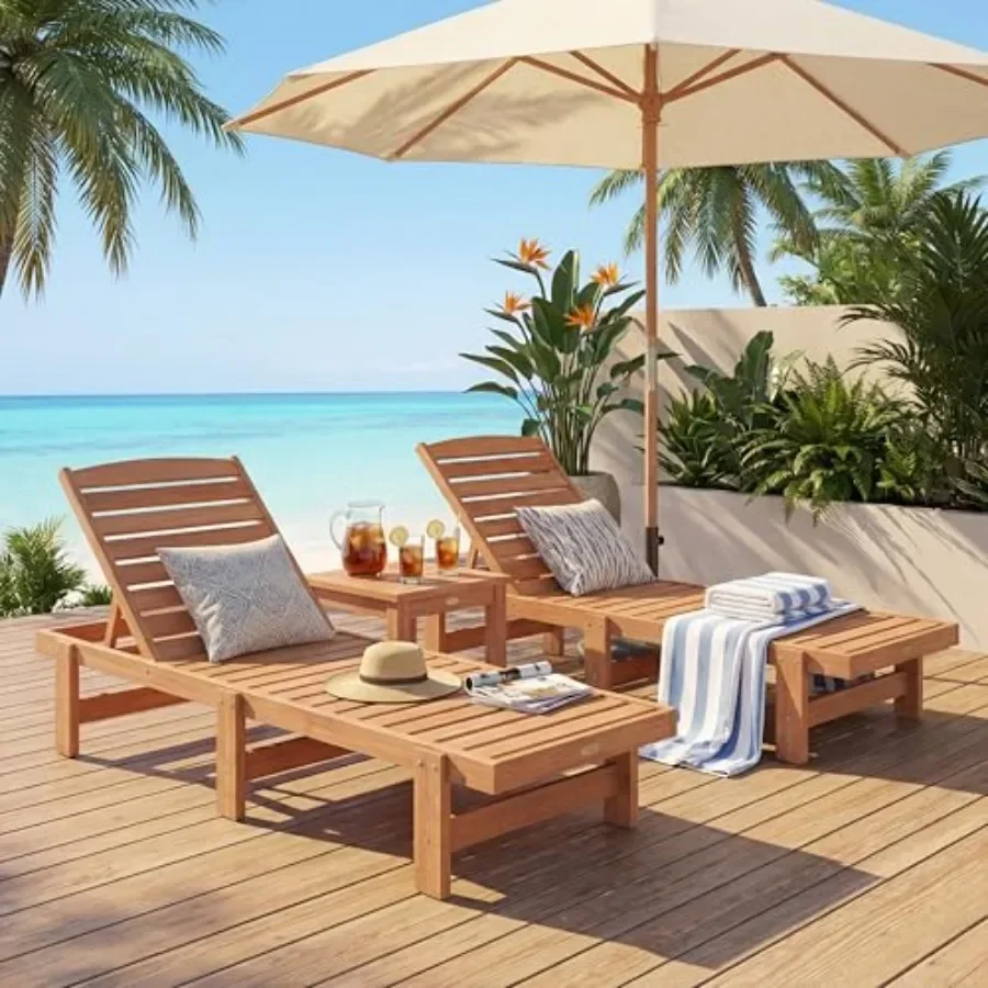 Outdoor Chaise Lounge Chair, Solid Wood Construction, Teak Oil Finish, Weather-resistant and Ergonomic Design for Patio or Gard