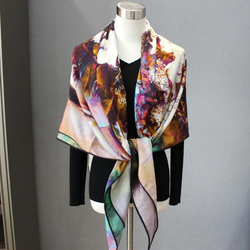 High-end Elegant Women’s Exquisite Flowers Surface Double-sided Print Quality Silk Wool Hand-rolled Edge Thick Warm Scarf Shawl