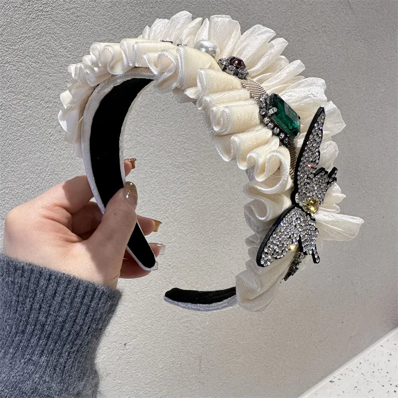 Ruffled Headband for Women Non Slip Fashion Flounce Headbands Exquisite Pleated Rhinestone Hairband Butterfly Hair Accessories