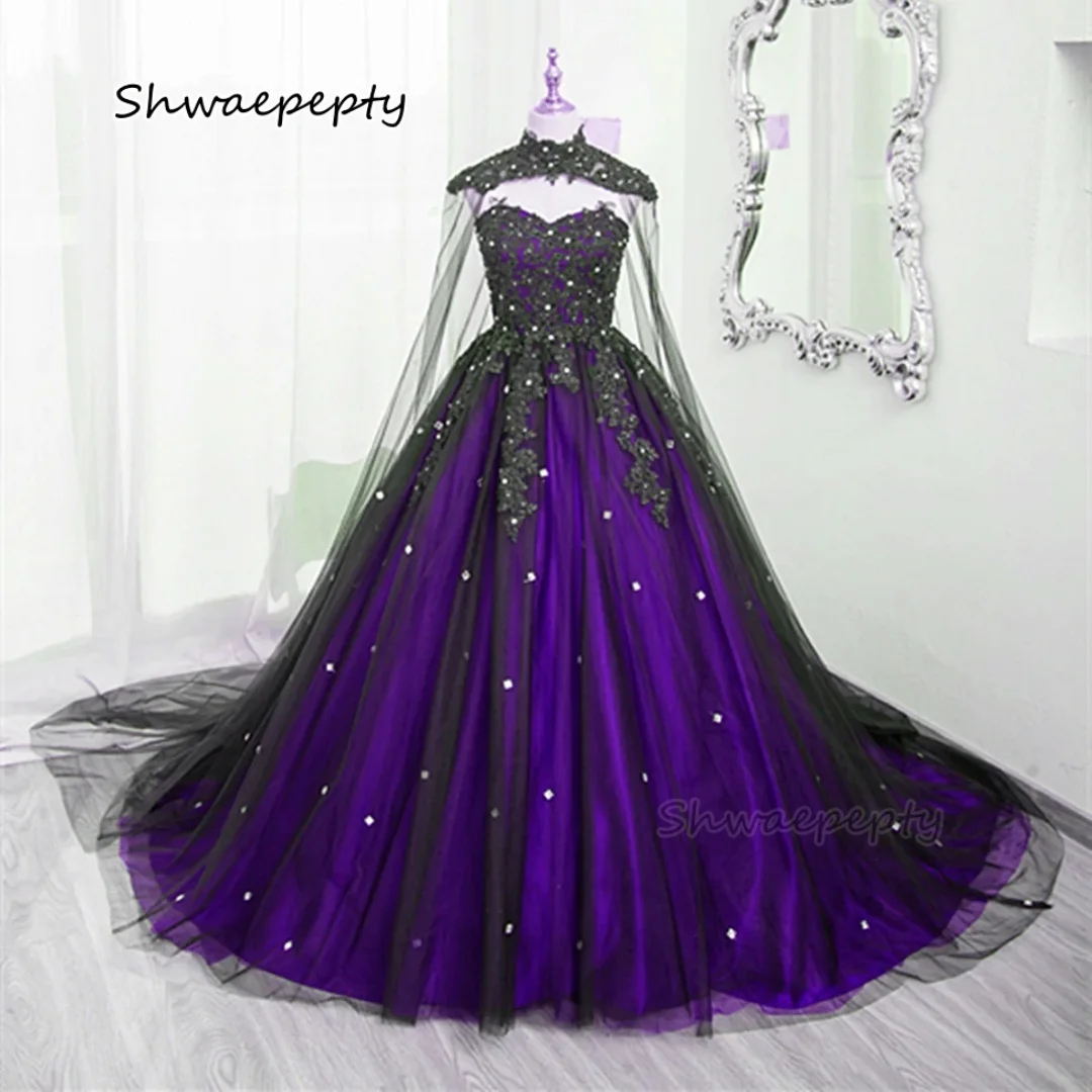 Gothic Wedding Dress With Wrap Black And Purple Vintage Bridal Gowns Lace Appliques Beaded High Neck Vestido De Novia 2025