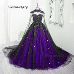 Gothic Wedding Dress With Wrap Black And Purple Vintage Bridal Gowns Lace Appliques Beaded High Neck Vestido De Novia 2025