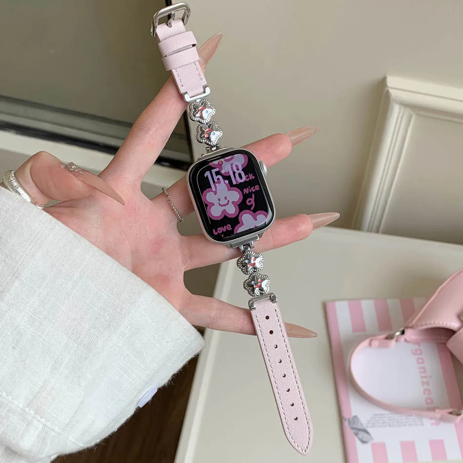 سوار أنيق من الجلد المعدني لساعة Apple Watch Series 11 10 9 8 7 6 SE 5 4 3 2 UItra iWatch 49 مم 46 مم 45 مم 44 مم 42 مم 41 مم 40 مم 38 مم أحزمة سوار زهرة وجه مبتسم