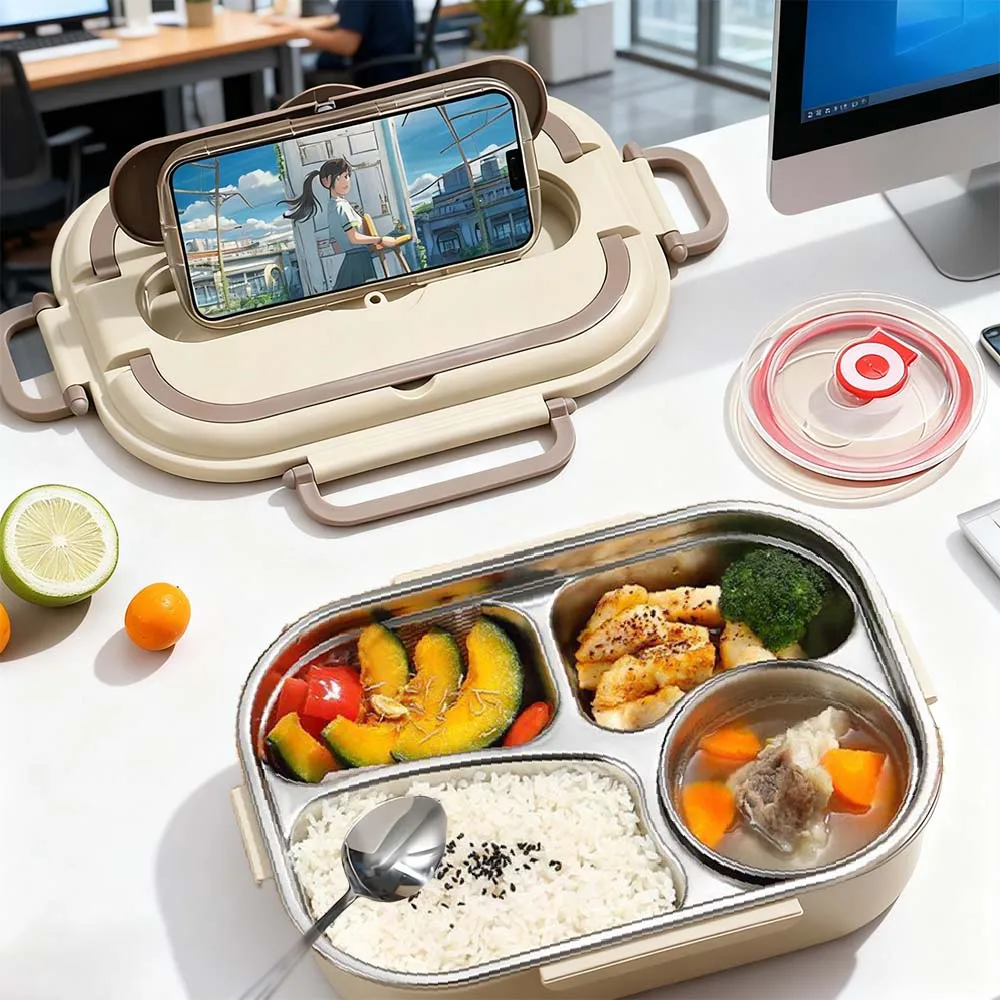 Caja bento de acero inoxidable 304, caja de comedor de cuatro compartimentos con tazón de sopa, palillos y cuchara, adecuada para trabajadores de oficina