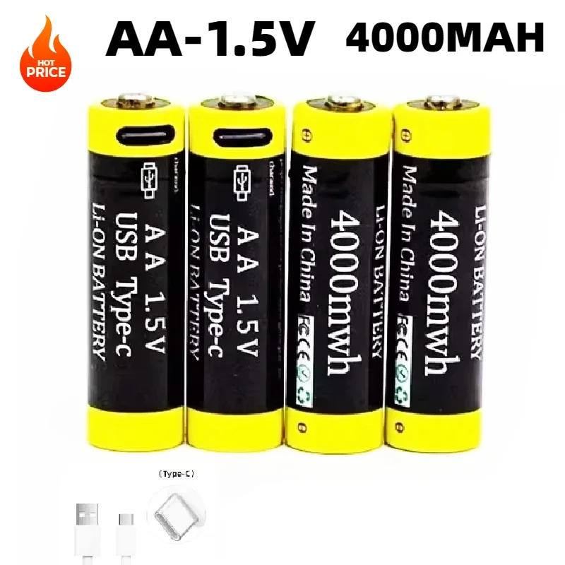 1.5V AA Battery 4000mWh Rechargeable Li-ion Battery for Mouse Remote Control Small Fan Electric Toy Batteries USB Type-C Cable