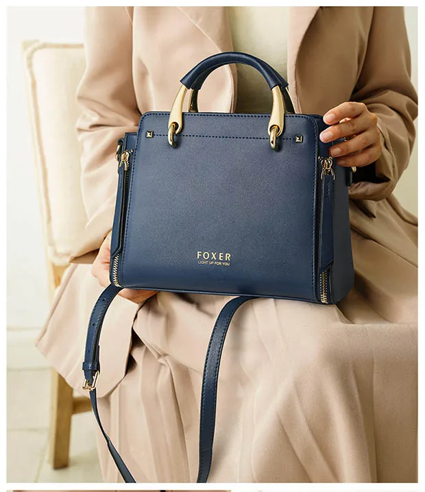 FOXER Split Leather Shoulder Bag Women Top Handle Handbag Female Large Capacity Tote Bag Simple Luxury Crossbody Purse