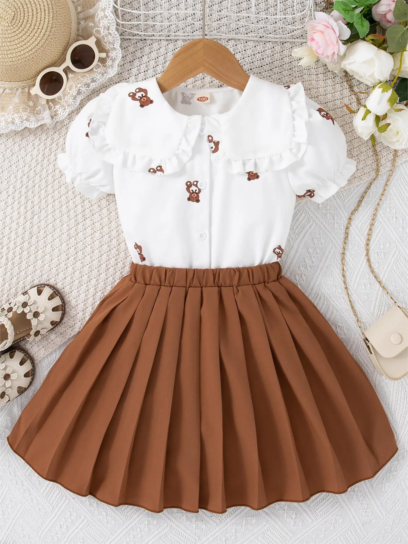 Summer daily casual lantern short-sleeved printed cartoon pattern top and skirt pleated skirt two sets of girls skirt set