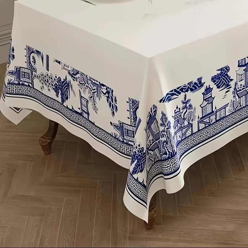 1pc, Linen Texture Spring Dining Tablecloth for Kitchen Decoration, Classic Blue and White Porcelain Style Home Furniture, 51x51/51x70/56x83/56x103 Inches