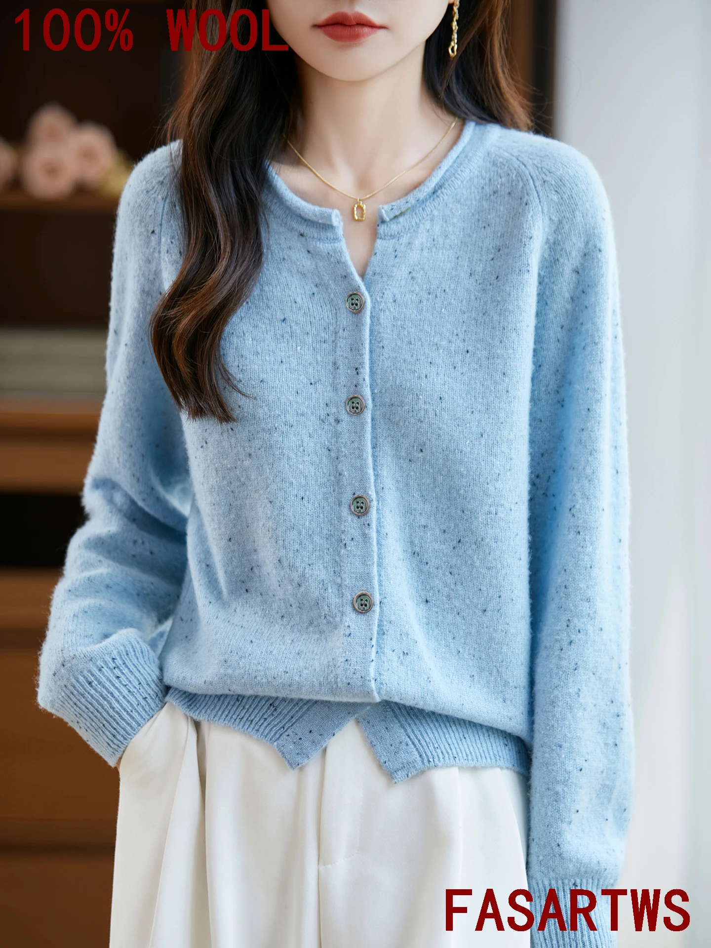 

100%Pure Australian Wool Fashion Rolled Edge Round Neck Cardigan Long Sleeve Glitter Knit Women's Autumn Winter Thick WarmthCoat