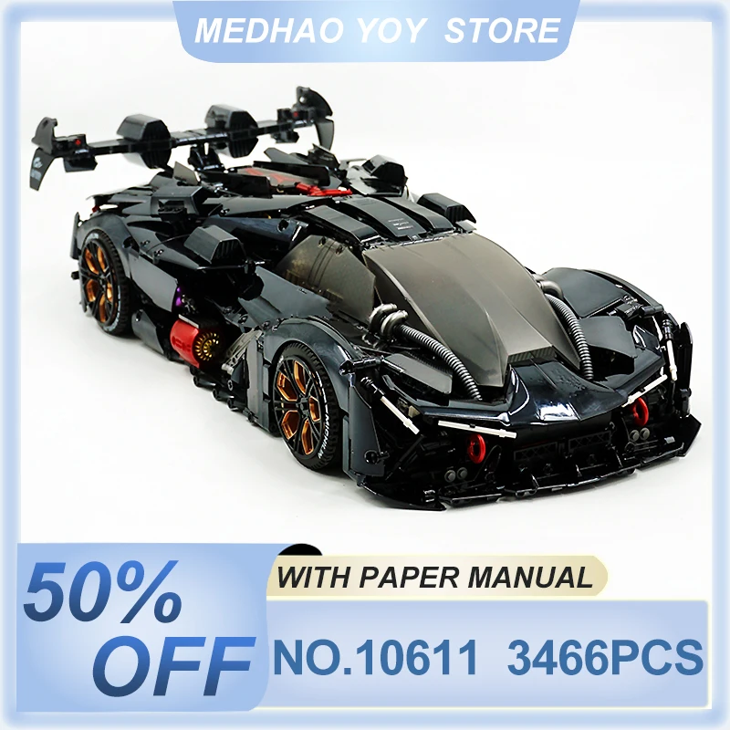 

GULY 10611 MOC High-Tech Sports Racing Car Building Blocks 1:8 Plating Black Hypercar Bricks Puzzle Toy Birthday Gifts For Kids