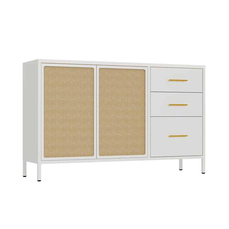 ！@Rattan Steel Storage Cabinet Modern Dining Sideboard with 3 Drawers & 2 Doors Foldable Multi-functional Home Furniture