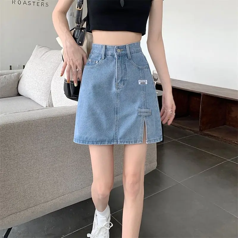 Chubby Woman Denim Skirt With Slit Jeans Skirts For Women High Waist V Modest Offer Original Hot Cheap Korean Fashion Aesthetic