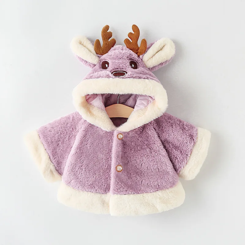 Christmas Girl\'s New Reindeer Color Blocked Cartoon Cute Rabbit Ear Hooded Batball Sleeve Windproof Warm Cotton Jacket