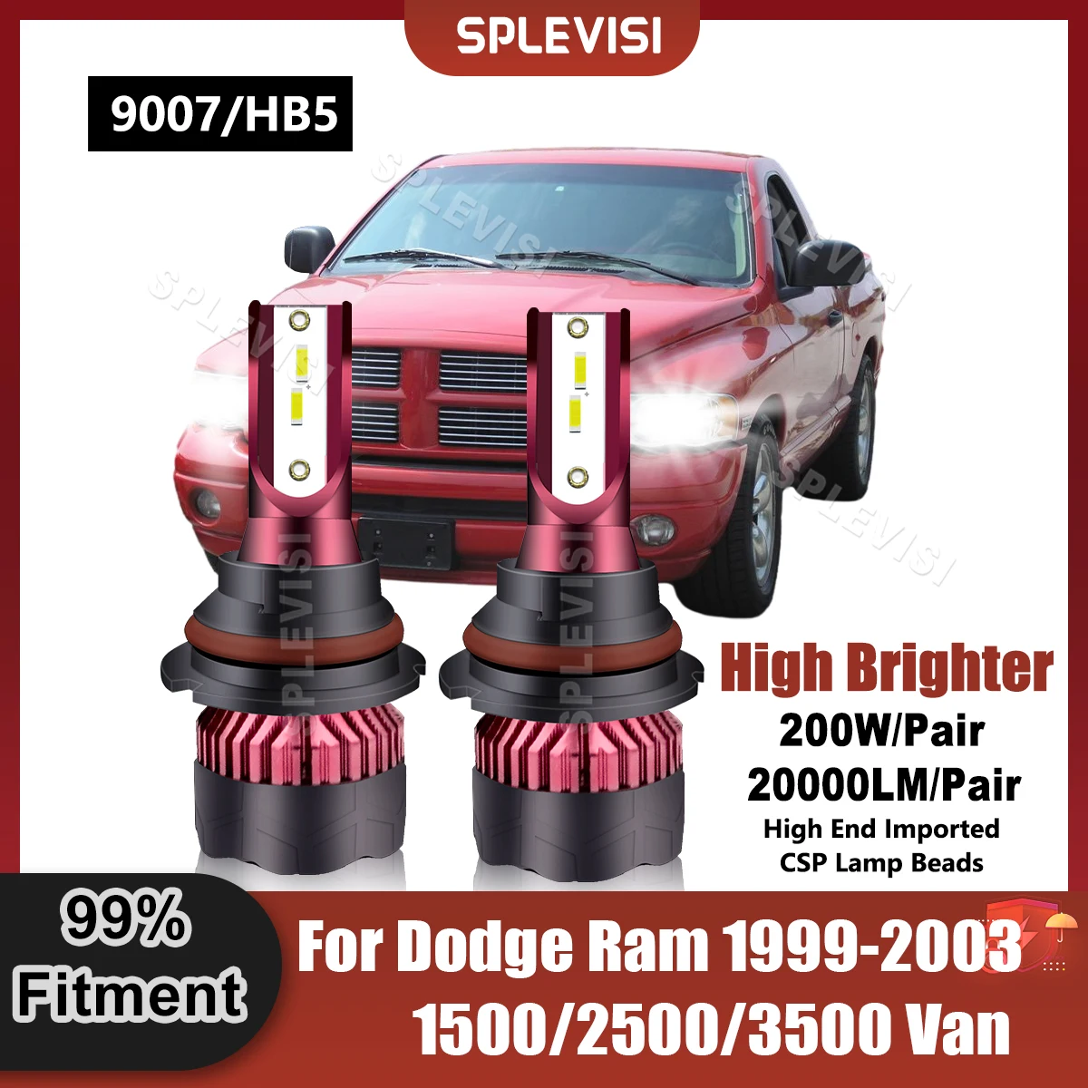 

20000LM 200W 9V-36V 9007/HB5 LED Headlight Bulbs Compatible For Dodge Ram 1500/2500/3500 Van 1999 2000 2001 2002 2003