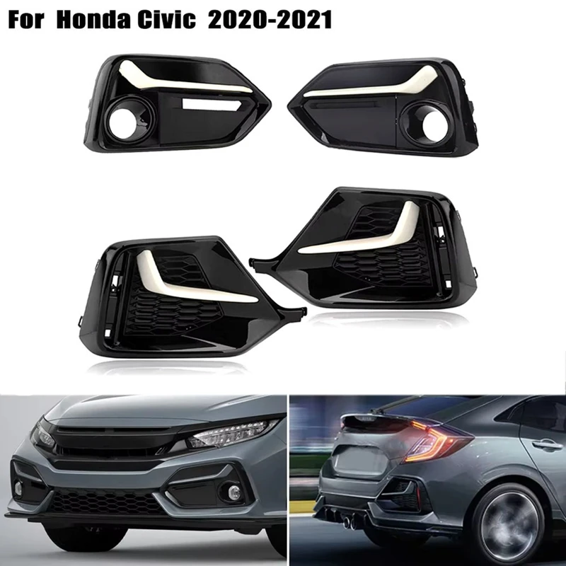 1 Set 4Pcs Front Rear Fog Lamp Light Trim Frame Shell Cover Bezel Rear Bumper Grill For Honda Civic 2016-2021