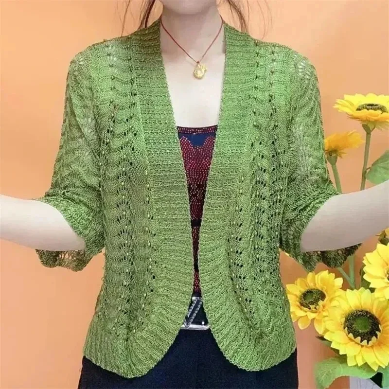 Spring Summer New Ice Silk Knit Cardigan New Women Middle-Aged Mothers Solid Color Shawl Hollow Sunscreen Coat Female Tops E5120