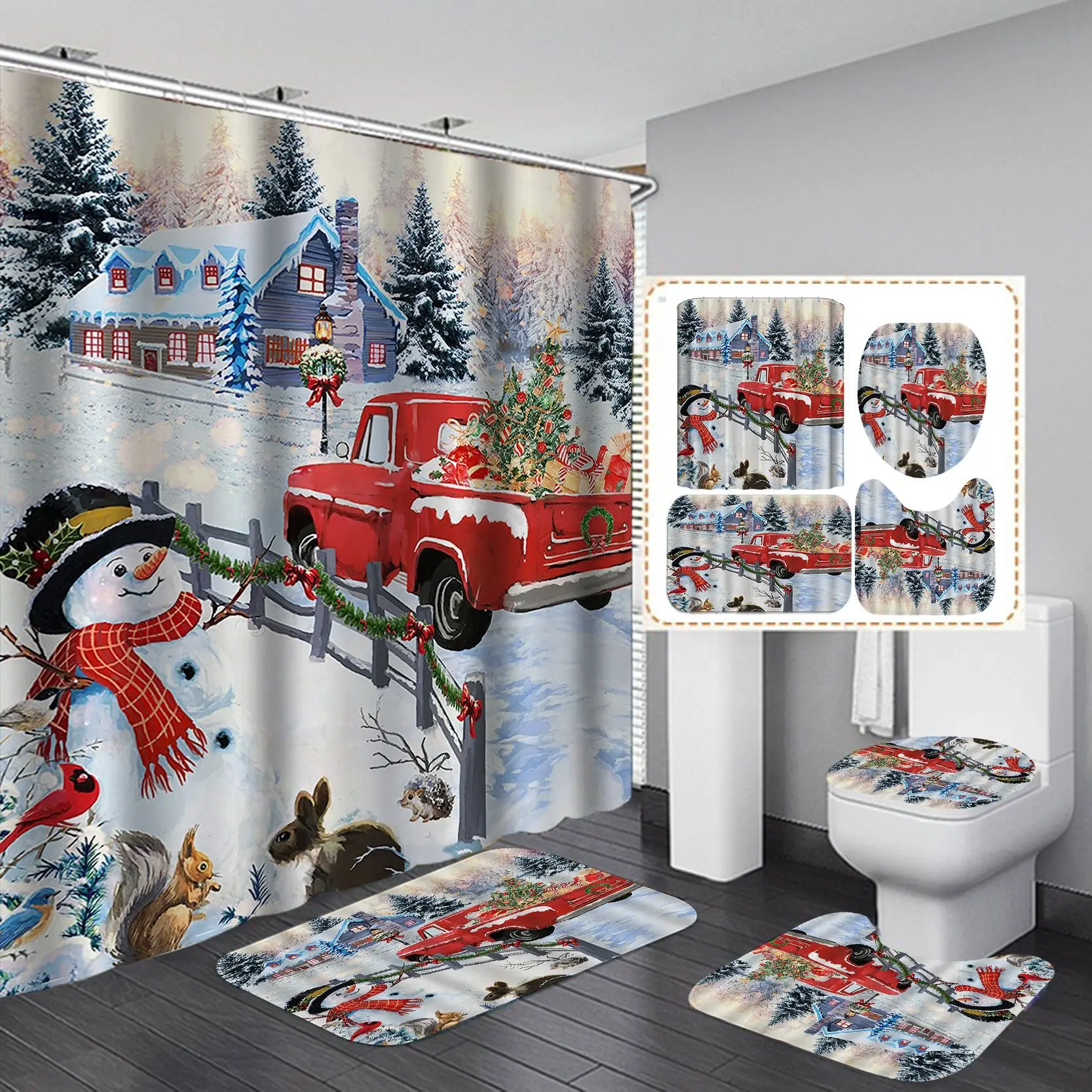 Merry Christmas Bathroom 4Pcs Set Snowman Santa Claus Pattern Waterproof Shower Curtain Toilet Cover Mat Non Slip Rug Home Decor