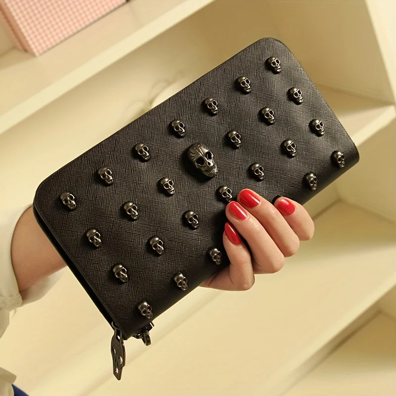 1/2pcs PU Ladies Rivet Handbag Slim Sturdy Shell Secure Zipper Lock For Mall Visits Short Durable Dark Unique Daily Carry Clutch