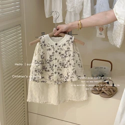 2024 Summer Set Cotton Vest Set Summer New Korean Fashion Childrens Sleeveless Doll Shirt and Pants Two Piece Set