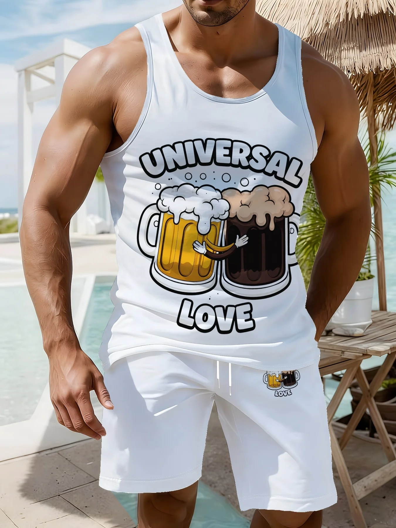 Ensemble sportif deux pièces à séchage rapide pour hommes : débardeur respirant et short de plage, avec motif tasse à bière