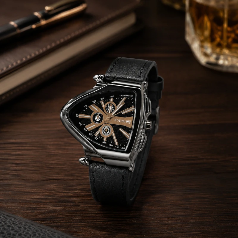 New Fashion Men Watch Sport Triangle Dial Leather Strap Quartz Wristwatches for Men Business Casual Male Clock Gift Reloj Hombre