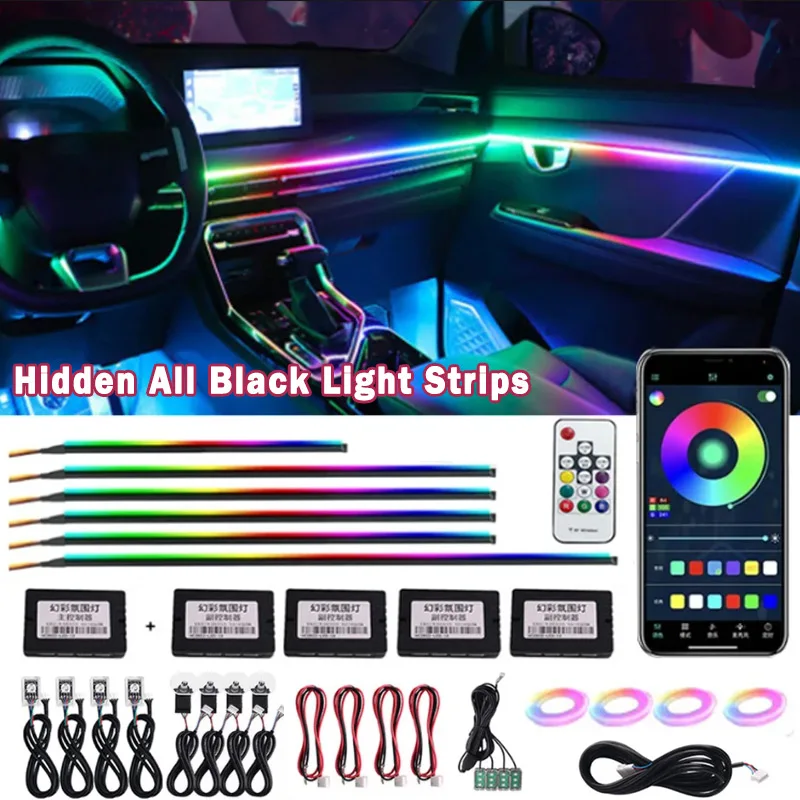 

18/22 in 1 Car Atmosphere Lamps RGB 64 213 Color Rainbow Interior Streamer Ambient Lights Remote Hidden All Black Light Strips