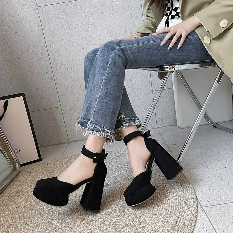 24 New Summer Square Head Mary Jane Platform Thick Heel Sandals Women\'s Fashion Hollow Headband High Heel Single Shoes